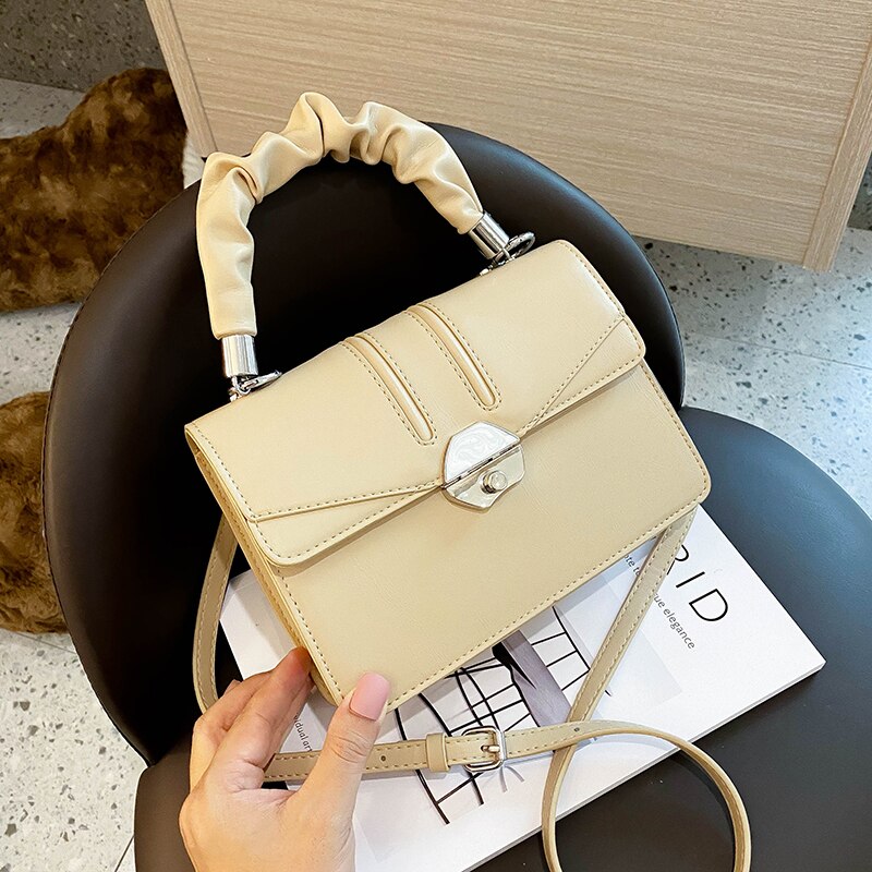 Effen kleur geplooide flip tote tas hoge pu leren dames handtas slot schoudertas messenger bag