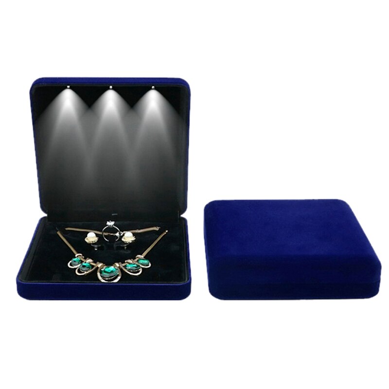 18X18X4.4 Cm Fluwelen Led Sieraden Doos Ketting Earring Ring Box Sieraden Set Display Storage Case: Blue