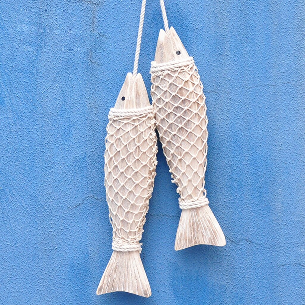 2x Rustic Hand Carved Wooden Marine Fish Hanging Wall Art Room Decor S