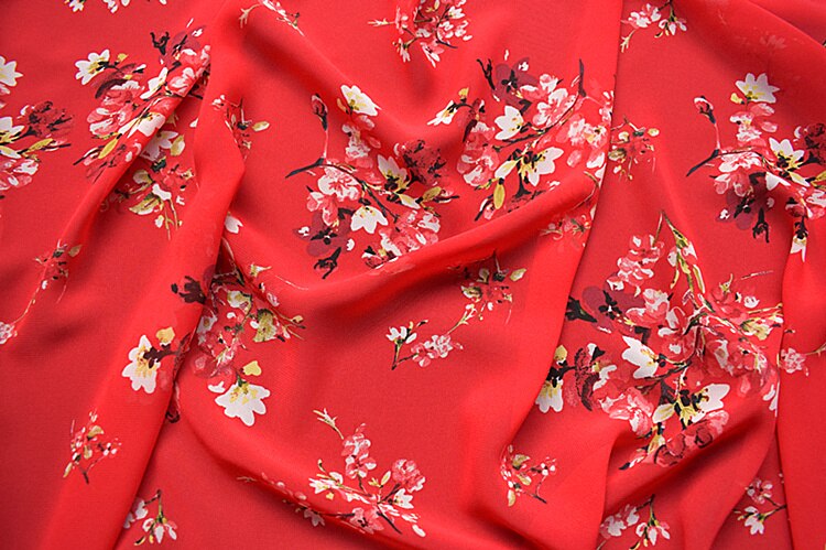 Tela de gasa con estampado rojo floral grande de , tejido de ropa suave y cómodo para vestido de mujer, material diy por metro