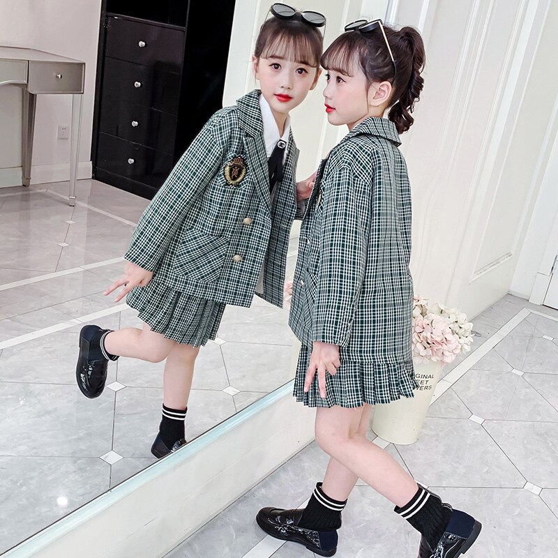 Meisjes Preppy Stijl Pak Set Kinderen Lente Zomer Kleding School Jas Kinderen Groene Plaid Outfits Rokken