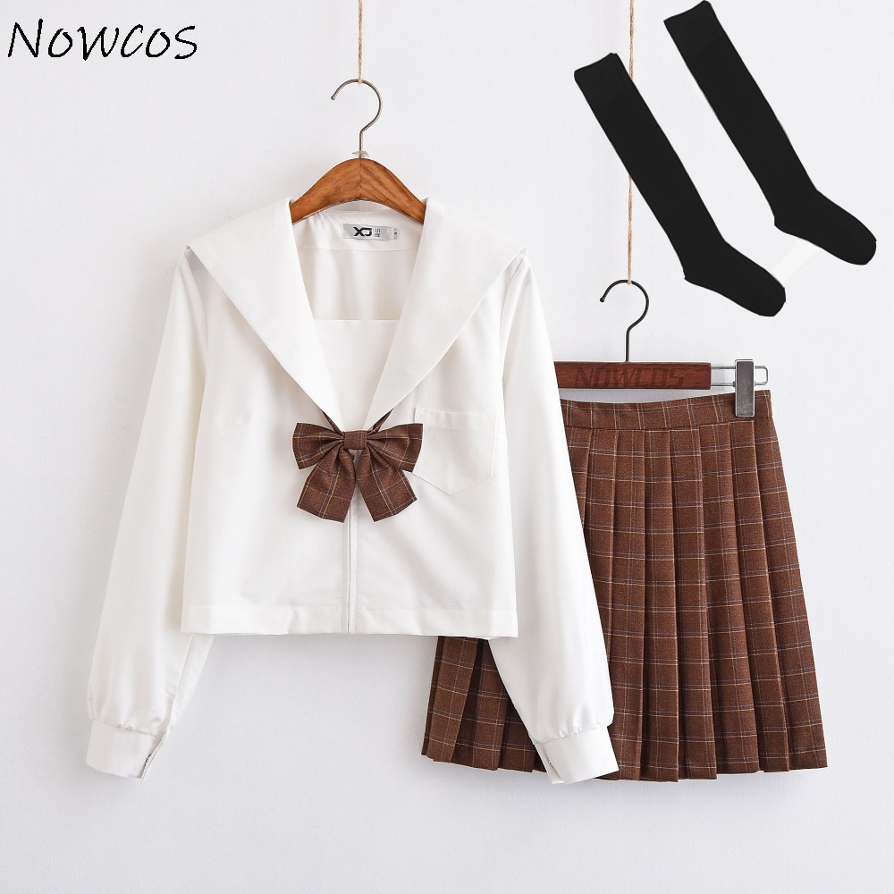 Long Sleeves Japanese School Uniform Girl Sailor Dress Red/Khaki Plaid Skirt Uniformes Japonais Korean Costumes For Girl