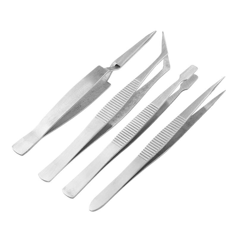 4pcs Stainless Steel Tweezers Pointed Elbow Flat Cross Craft Kraft Hobbies Sewing Tweezers Repair Maintenance Tool