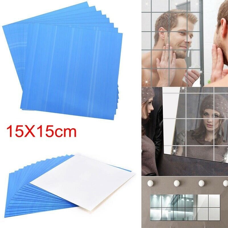 9/16PCS Small Mirror Tiles Glass Wall Stickers Self Adhesive Reflective Bathroom Mosaic For Walls Ceiling Interior Decoration
