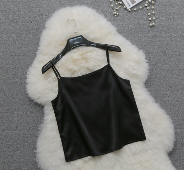 Spaghetti soie 100% debardeur femmes crop top satin pour haut femme été débardeurs ete sexy tops caraco débardeur camisole blanc noir court sans manche croptop tank vetement vêtement camisoles corsés petite bretelles d: black short 51cm / S