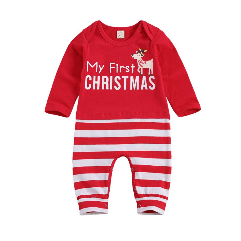 Mijn Eerste Kerst Kleding Voor Jongens Meisjes Ronde Hals Brief Cartoon Gedrukt Streep Lange Romper Jumpsuit 0-24M: 24M