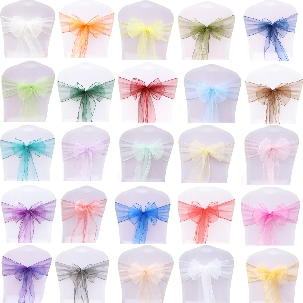 50 st/lot skirt band organza bröllopsdekorationer stol skärp skärp knut stolsöverdrag rosett band slipsar stolar dekoration tillbehör