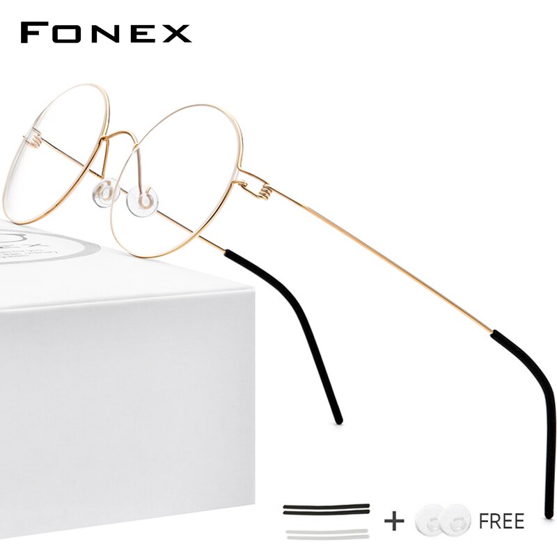 Fonex titanium legering briller ramme mænd vintage runde briller kvinder optisk koreansk recept skrueløs briller 98607: Guld