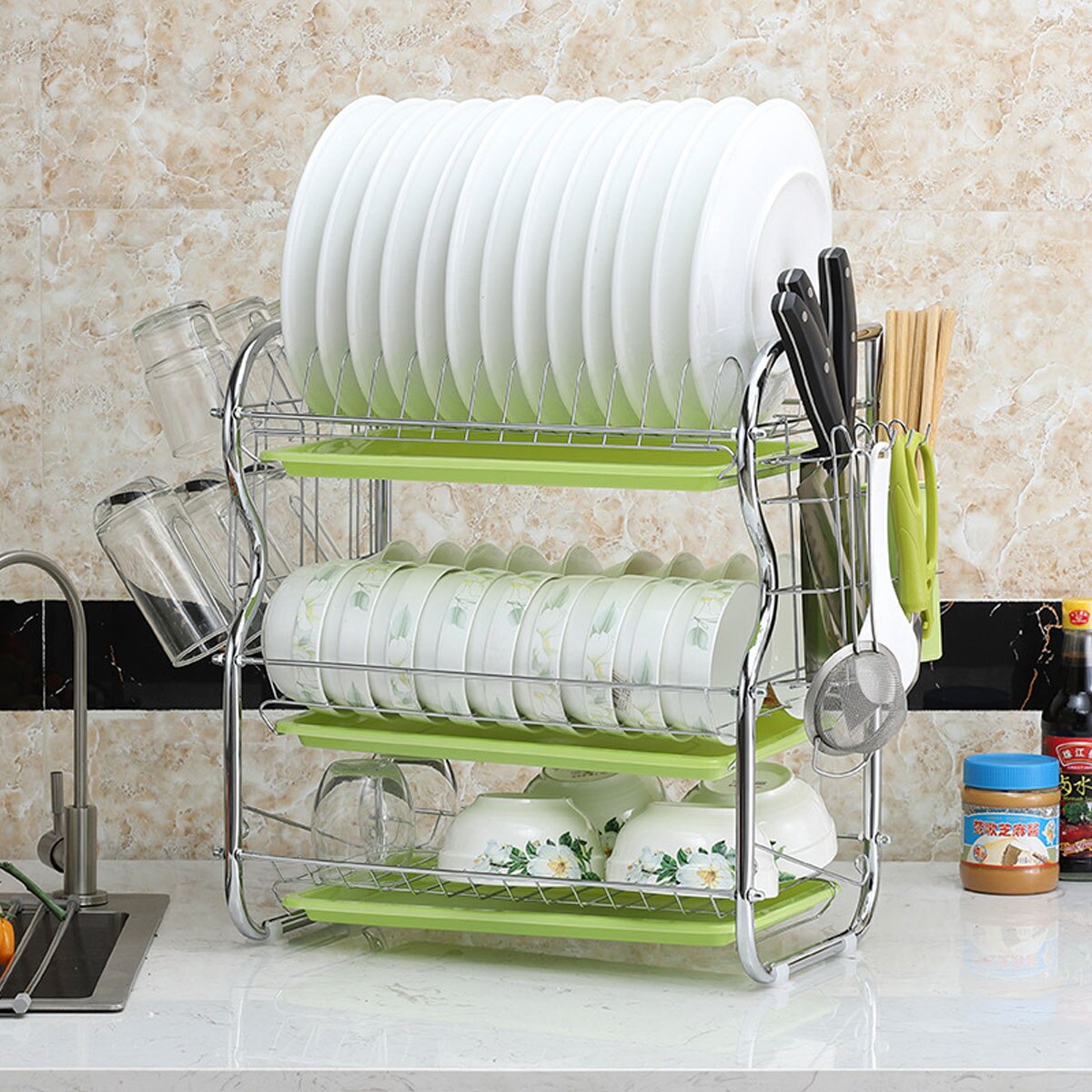 Estante de secado de platos de 2/3 niveles, cesta de hierro chapado, soporte para lavado del hogar, escurridor de platos para fregadero de cocina, estante organizador: G 3 Tier