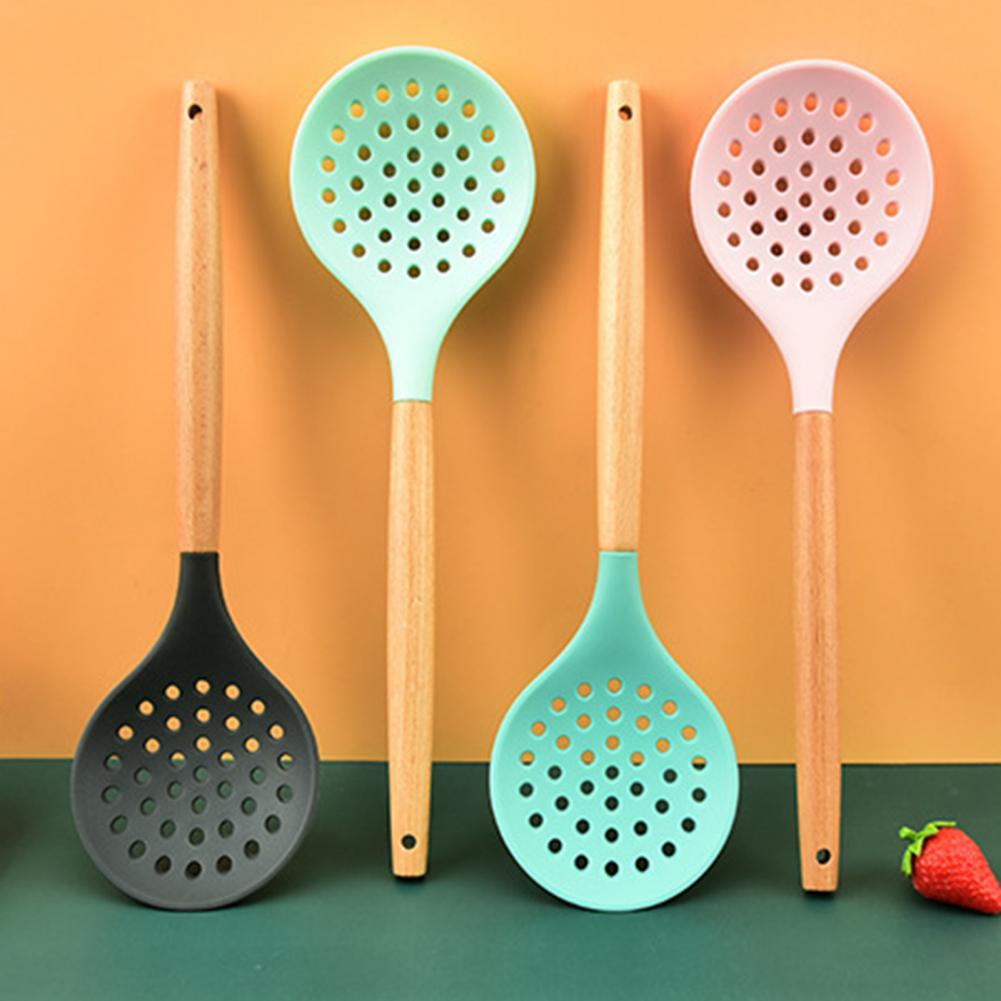 Wooden Handle Non-Stick Kitchen Silicone Strainer Spoon Skimmer Strainer Filter Baking Cooking Serving Utensils Set cocina