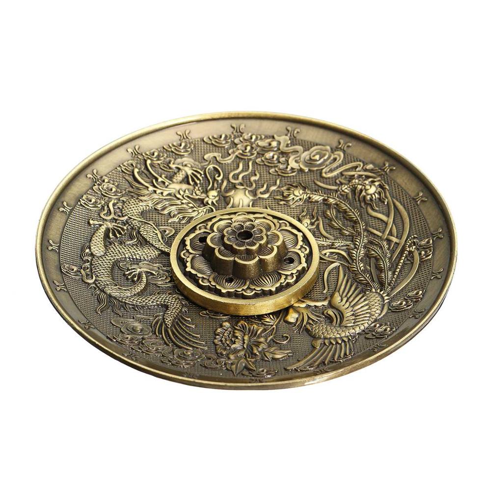 Retro 5 huller lotus røgelse brændere drage røgelse holder pind kegle røgelse tallerken buddhisme hjemmekontor dekoration håndværk: Drage phenix bronze