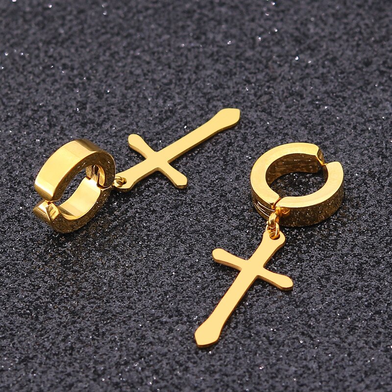 1 Pcs Rvs Clip Op Non Piercing Oorbellen Voor Vrouwen Mannen Zwarte Goud Kleur Cross Gothic Punk Rock Pendiente