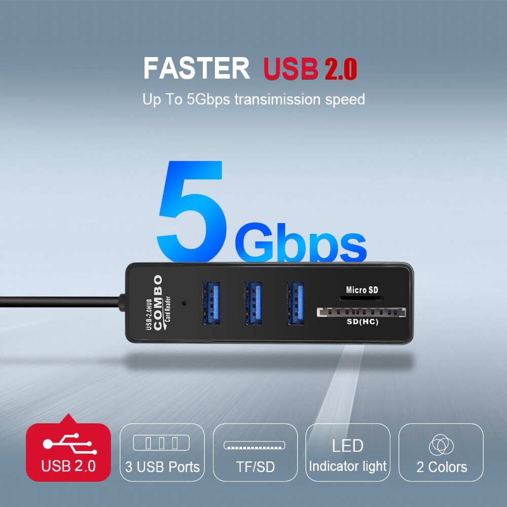 kebidu 3 Ports All in one USB Hub Combo Multi USB2.0 Splitter Hub Micro Card Reader SD/TF 480mbps High Speed for PC Computer