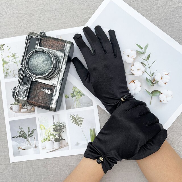 Women's Summer Thin Short Satin Elastic Etiquette Dress Gloves Pearl Lace Bow UV Sunscreen Cycling Driving Mittens K69: Black