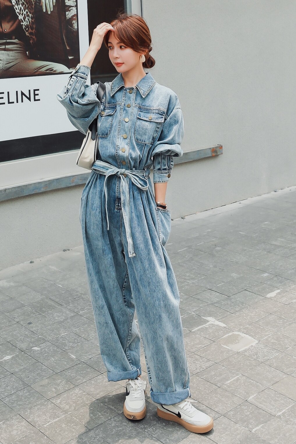 Kvinder lange ærmer brede ben jeans bandage denim jumpsuit kvindelige streetwear hip hop løs afslappet harem one piece bukser overalls