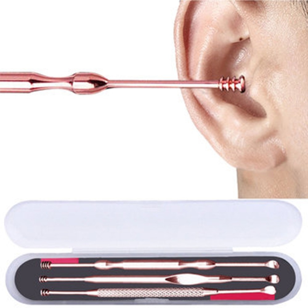 3 stks/set Rvs Oor Pick Double-ended Earpick Ear Wax Curette Remover Oorreiniger Lepel Spiraal Oor Schoon tool