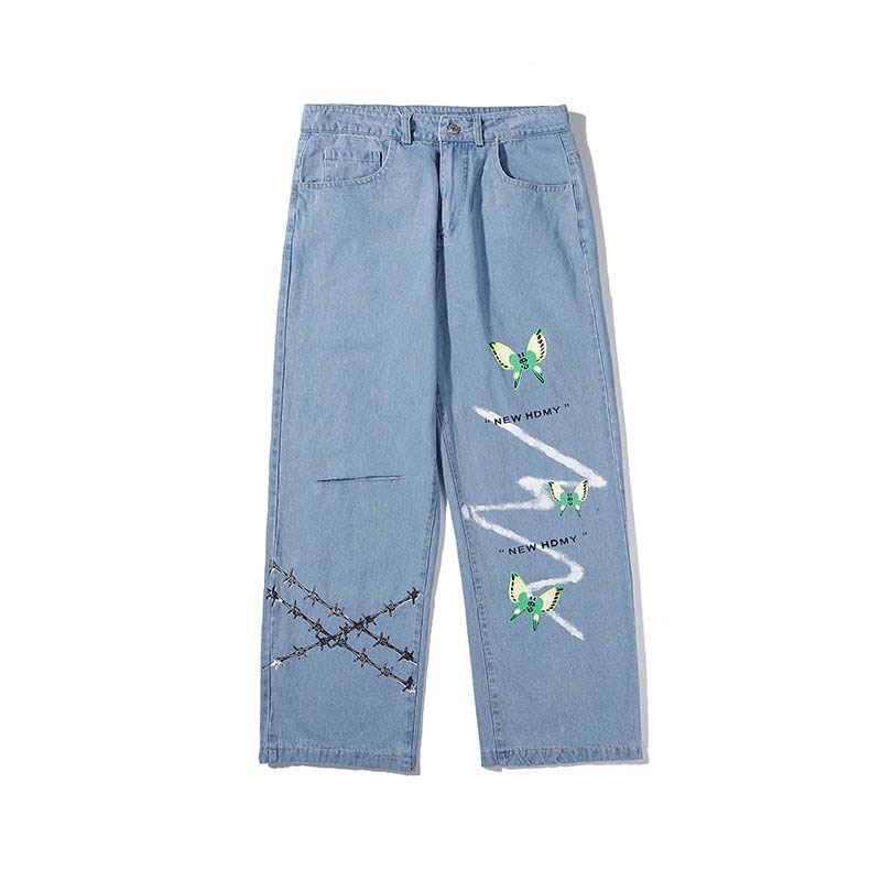 UNCLEDONJM papillon Graffiti imprimé jean hommes décontracté pantalon droit ample hommes jean déchiré pour hommes HD-B080