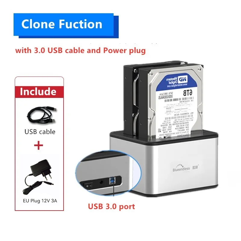 Blueendless dual Bay HDD Box Docking Station SSD case offline clone SATA to USB 3.0 Adapter duplicator for 2.5 3.5 SSD/HDD Disk: Silver