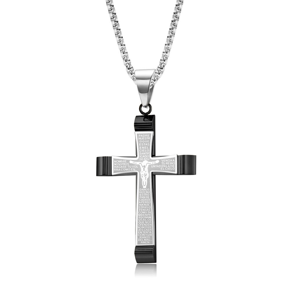Christian passion bibel jesus halskæder kryds vedhæng rustfrit stål kæde link religiøse mænd far dreng smykker: Sort