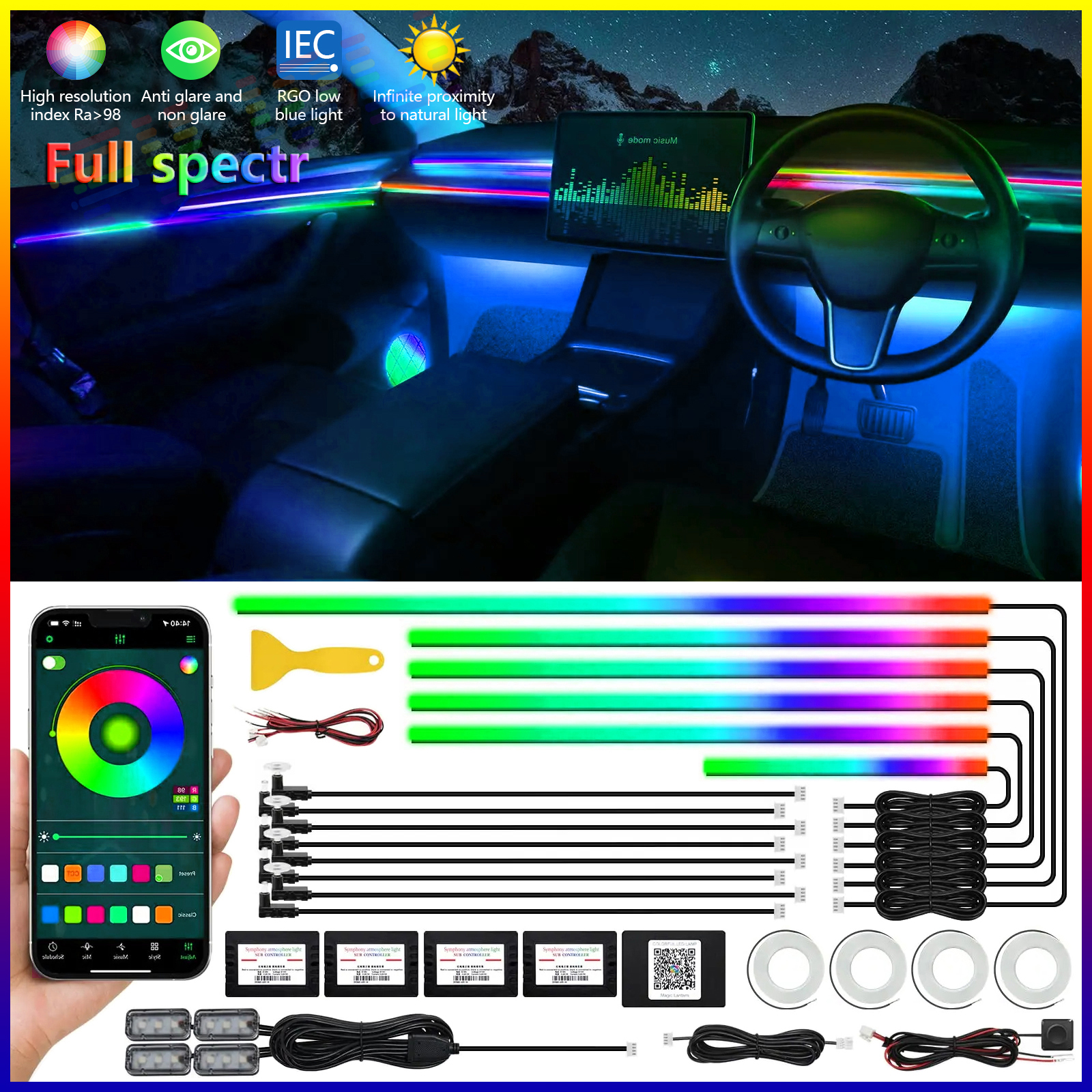 Universal- Symphonie Auto Umgebungslichter 64 RGB Auto Innenraum Acryl Lichtleiter Fiber Optik Auto Dekoration Atmosphäbetreffend Licht 18 in 1