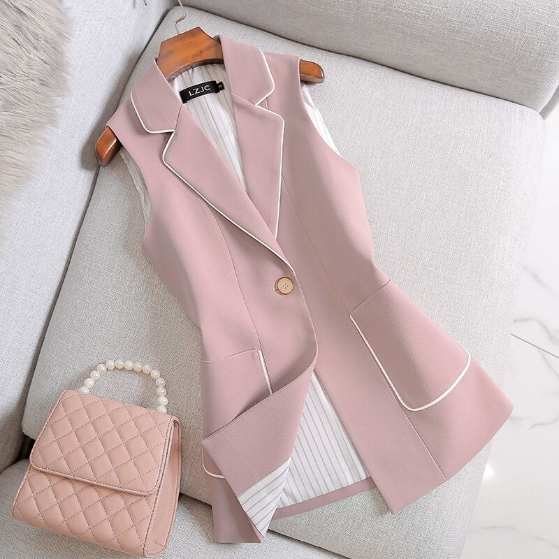 2020 primavera autunno donna Vintage Blazer lungo gilet Chic abito senza maniche a un bottone giacca femminile capispalla gilet top: Colore rosa / XL