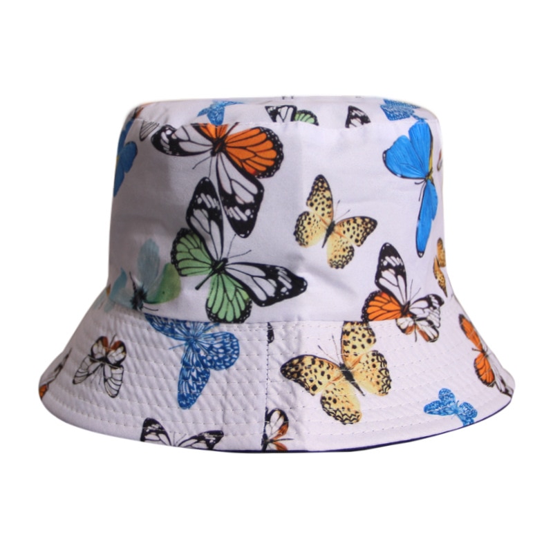 Chapeau bob imprimé papillon pour femme, panama blanc, chapeau de pêche réversible d'été, casquette seau hip-hop, chapeau femme: Blanc