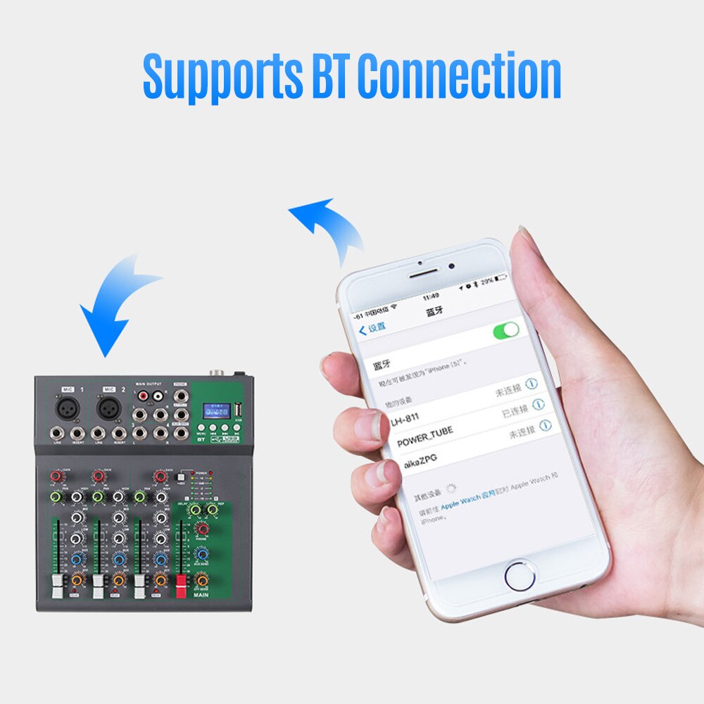 4-Channel Portable Mixing Console Digital Audio Mixer Supports BT Connection Reverb with USB Audio Interface Studio Recording