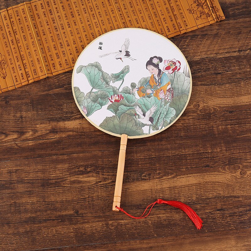 Vintage Round Fan Long Handle Tassel Dancing Hanfu Circular Fan Ancient Chinese Style Classical Printed Court Round Fan Wedding: 13