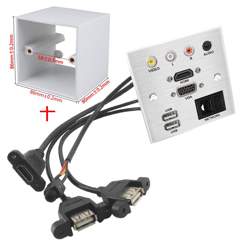 Wall Desktop Extension Cord Socket Aluminum Alloy Panel VIDEO L R AUDIO HDMI VGA USB RJ45/SC Optical Fiber/TV/BNC Connector: SET 1 / USB 2.0