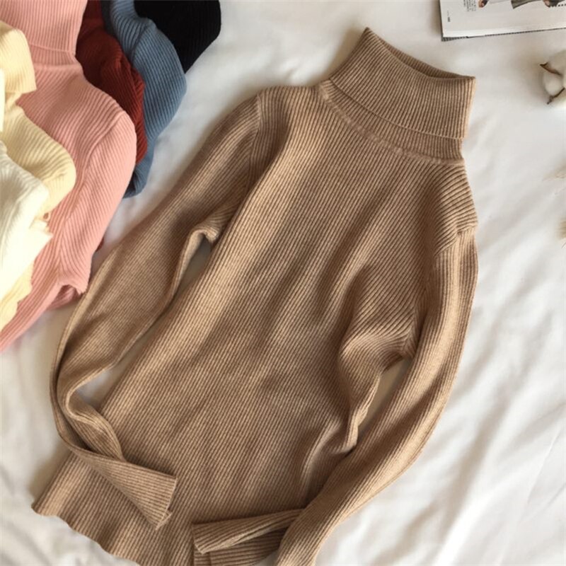 Pull épais pour femmes, Pull tricoté côtelé, Pull à manches longues, col roulé, Pull Slim et pour femmes, collection automne et hiver