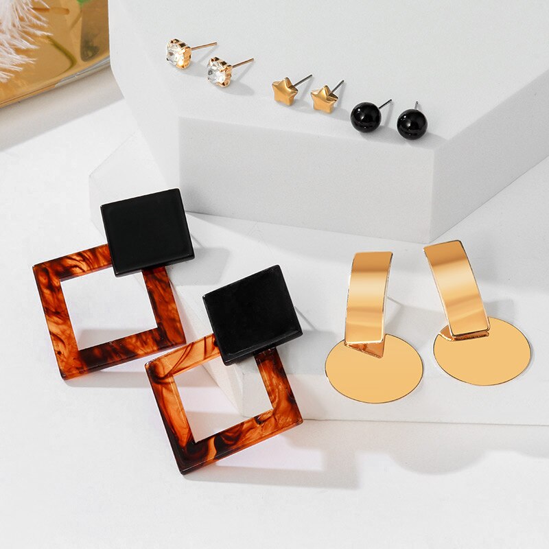 Statement Korean Acrylic Earrings Set Summer Geometric Pearl Tassel Acetate Earrings for Women Vintage Jewelry