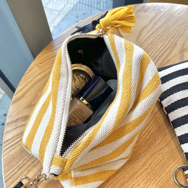 Cosmetic Bag Women Striped Makeup Case Organizer Korean Tassel Cosmetic Pouch Necesserie Travel Toiletry Bag Canvas Beauty Case: DEEP BLUE