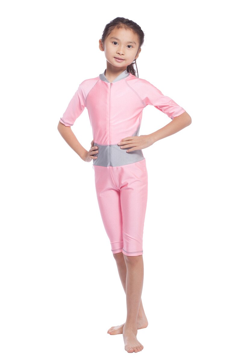 Kinderen meisje Een Stuk Moslim Badmode Kids Meisjes Ademend Badpak Patchwork Beachwear Met Rits Badpakken XX-412: Roze / L