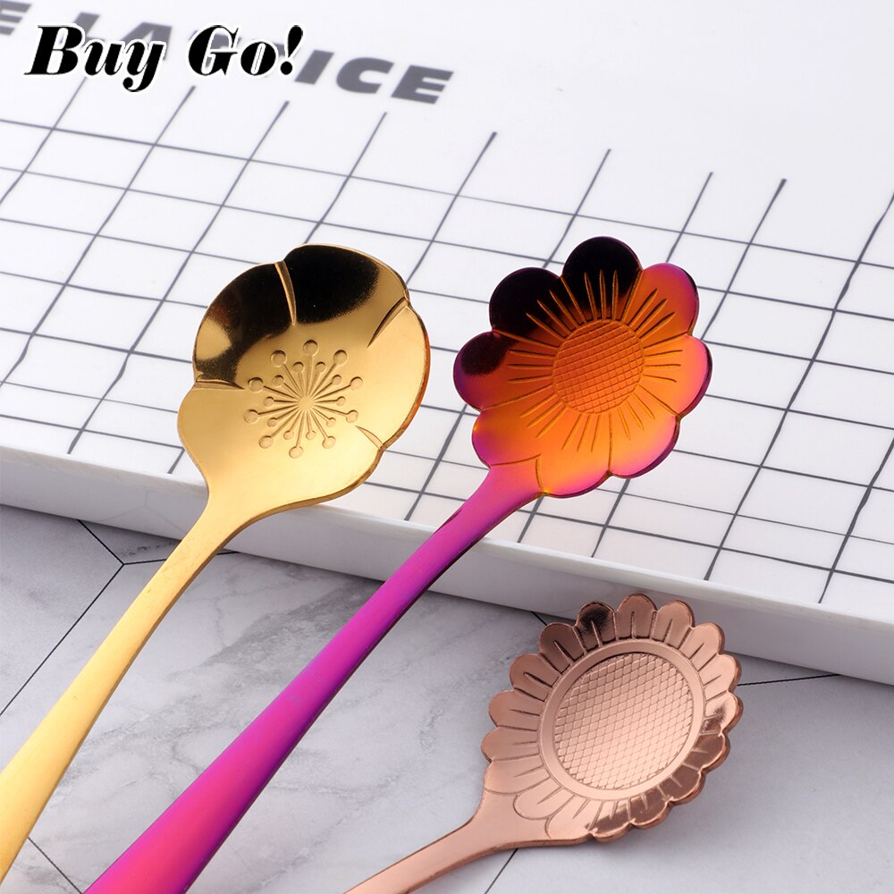Cuillère à mélanger dorée en acier inoxydable, 2 pièces, de fleurs, petite cuillère à café, thé, sucre fantaisie Dessert cuillère à café Bar café vaisselle