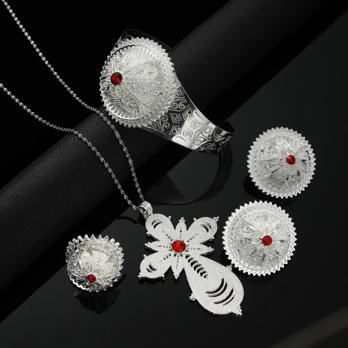 Mode Bridal Ethiopië Eritrean Afrikaanse Ketting Oorbellen Rode Zirconia Vrouwen Ethiopische Cross Sieraden Set