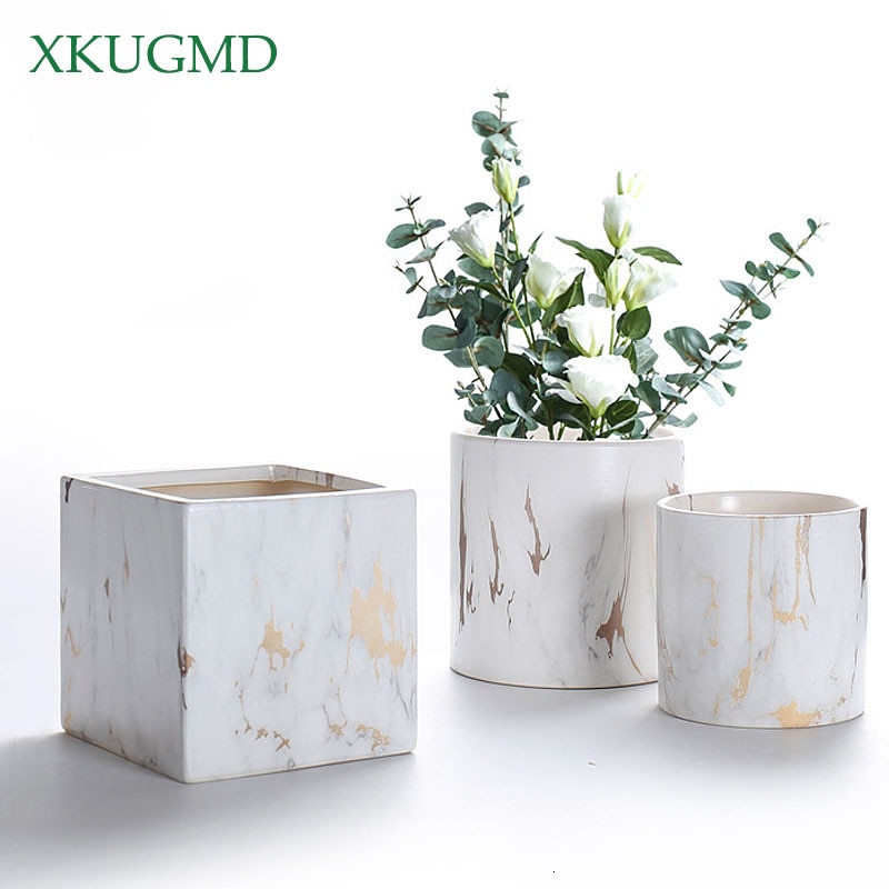 Marmer Patroon Keramische Bloempot Vierkante Cilinder Creatieve Bloempot Desktop Bloemstuk Container Woondecoratie
