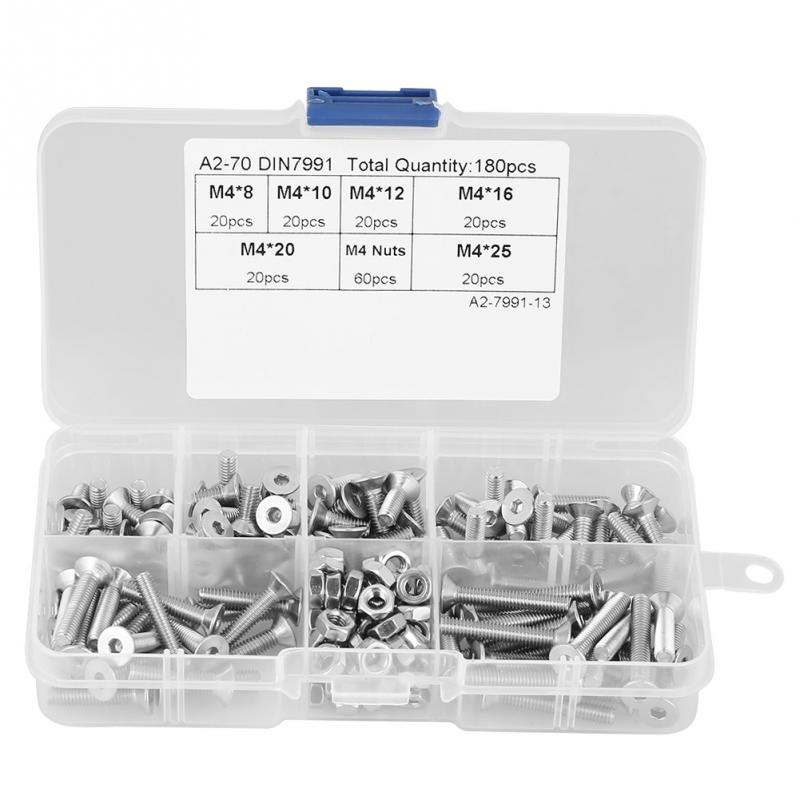 180Pcs/Lot M4 304 Stainless Steel Flat Head Bolt Screws Nuts Assortment Kit with Box Hex Socket Bolts and Nuts kit