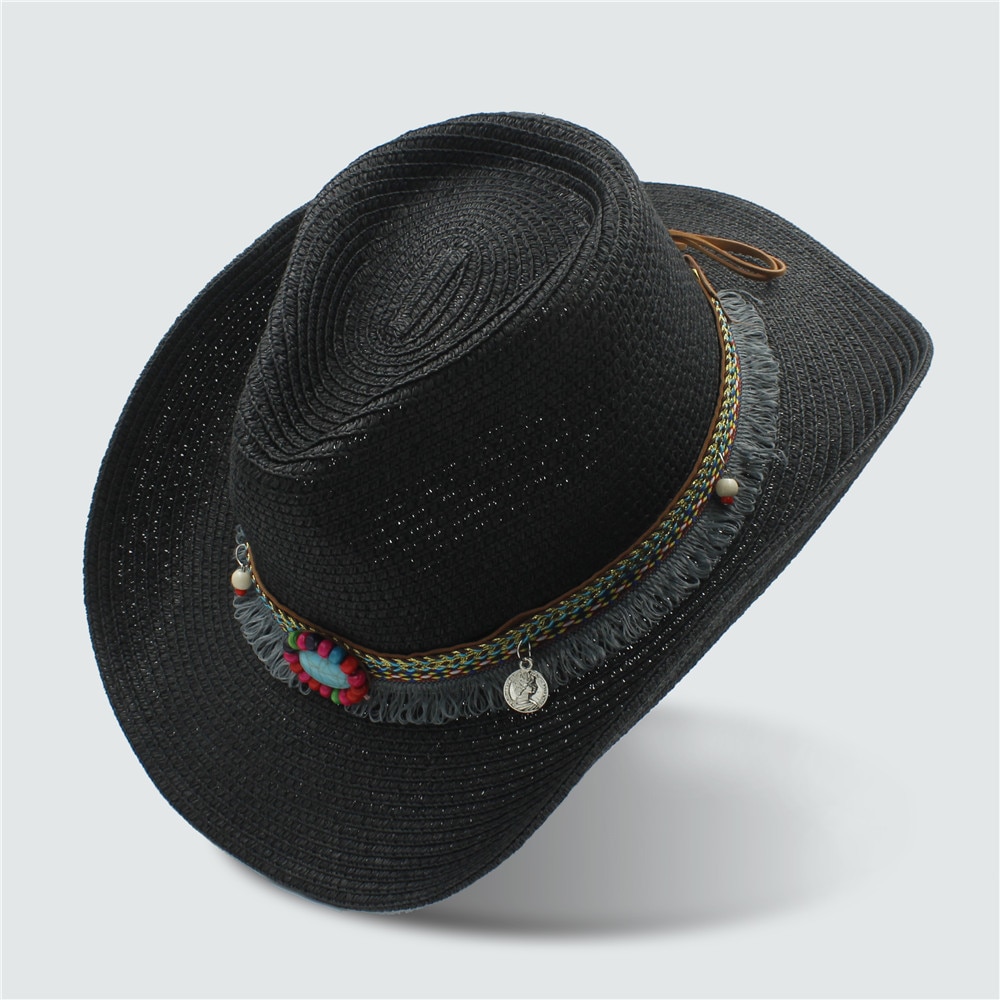 Sommer kvinners menns hule vestlige cowboyhatt til herre vestlig ord cowgirl jazz lokk stråStrand solhatt med håndarbeid