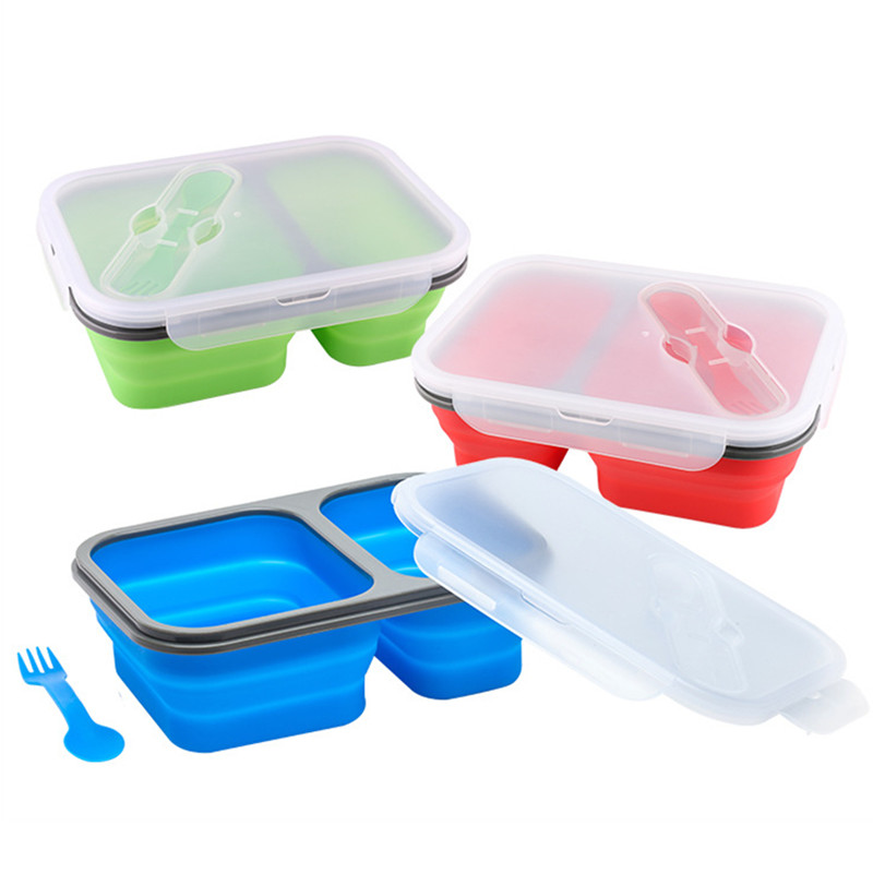 2 Cellen Silicone Inklapbare Draagbare Lunchbox 900Ml Magnetron Kom Vouwen Voedsel Opslag Lunch Container Lunchbox