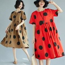 Rode Jurken Zomer Koreaanse Mode Polka Dot Vintage Jurk Chinese Stijl Vrouwen Linnen Losse Jurk Midi Vestido TA1653