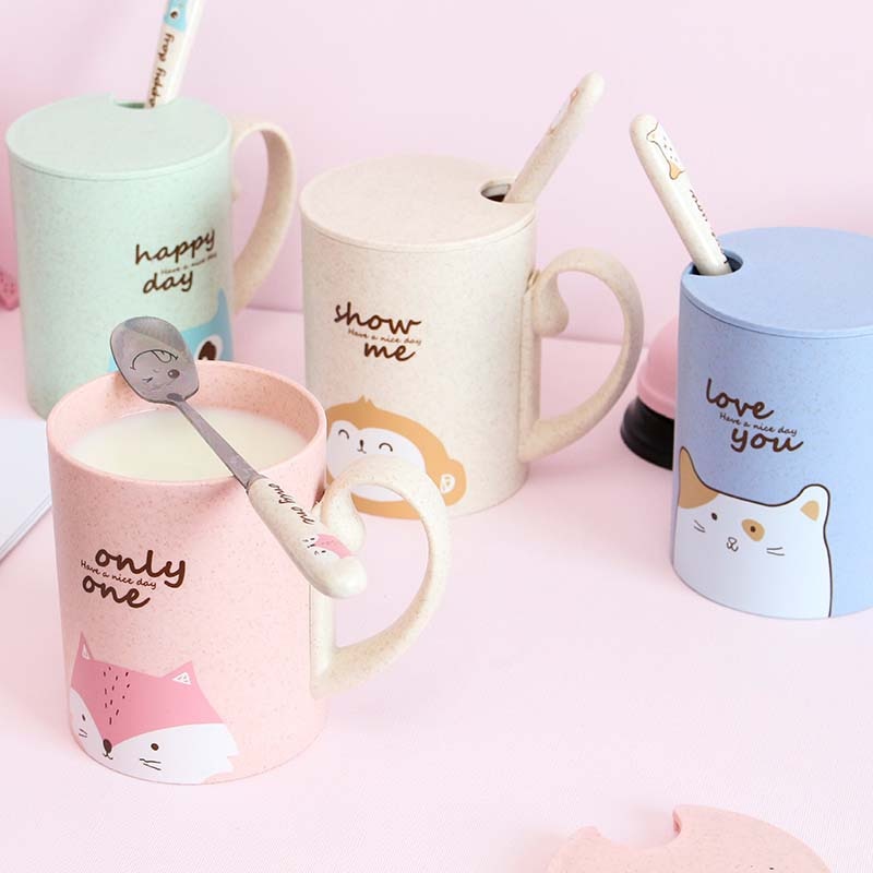 Tazas de bambú para bebé, vasos bonitos de 450ML para alimentación, con asa, cuchara, Material seguro para la Naturaleza, vasos de leche para niños