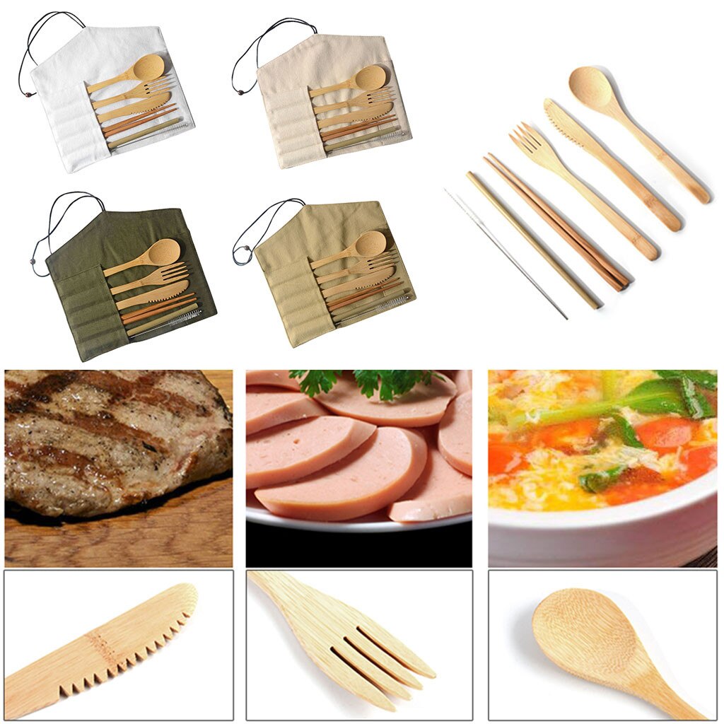 Portable Eco-friendly Fork Spoon Knife Toothbrush Chopsticks Bamboo Straw with Cutlery Bag for Travel Picnic Set