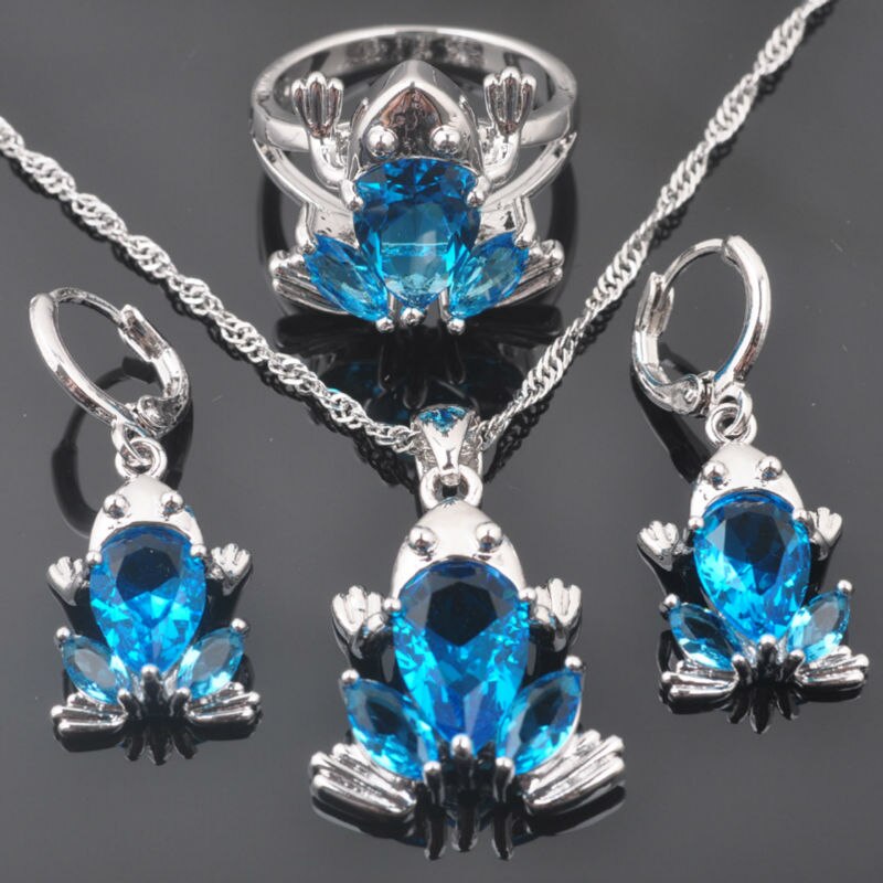 Himmel Blau Zirkon Frosch frauen Party Silber Farbe Schmuck setzt Ohrring Und Halskette setzt Anhänger Ringe Dubai Stil QZ0316