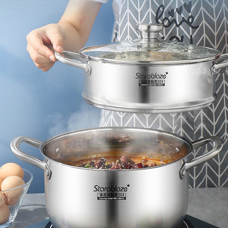 Fypo Stainless Steel Steamer Gas Induction Cooker Soup Steamboat Pot 1/2 Tier Steamer with Glass Lid Kitchen Cookware Steamer
