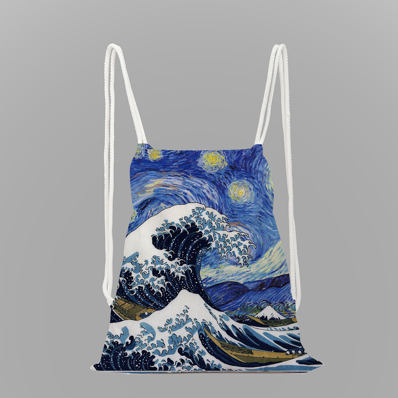 Kanagawa surf print school backpack girls drawstring bag rope bag ladies travel backpack: 7