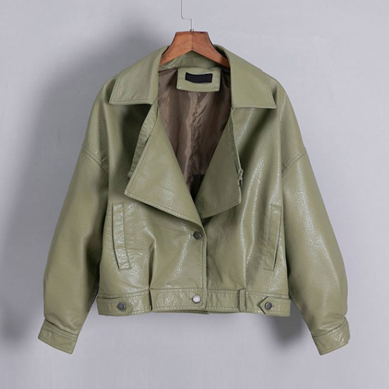 Oversized imitatieleren jas met knopen op de rug, dames motorjas, zwarte biker jaquetas couro casaco chaqueta damesjas: Groente / Ik