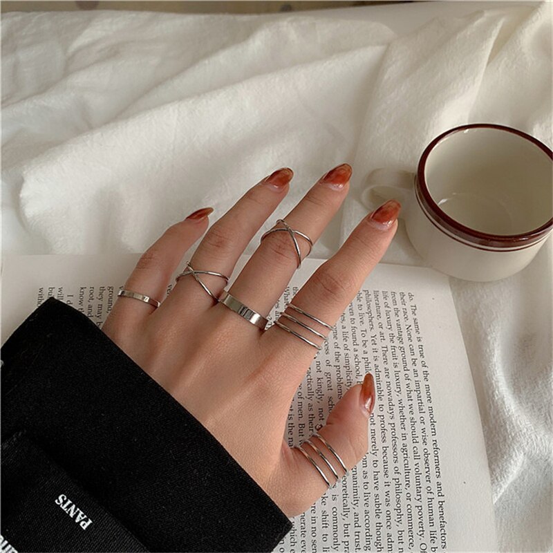 6 Stks/set Punk Vinger Ringen Eenvoudige Gladde Goud/Zwarte Geometrische Metalen Ringen Voor Vrouwen Meisjes Partij Sieraden Кольцо bijoux