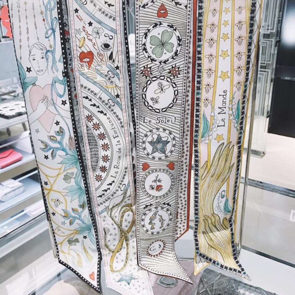 Pequeño pañuelo de seda para mujer, bolso con asa estampada, cintas de , pañuelo para la cabeza, bufandas delgadas pequeñas y largas, ,