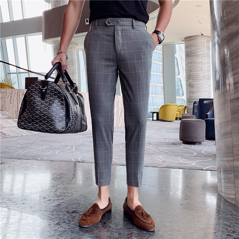 Pantalon Costume Spring Summer Plaid Casual Dress Ankle Pants Men's Social Trousers British Style Ankle-length Mens Dress Pants: Grijs / 34