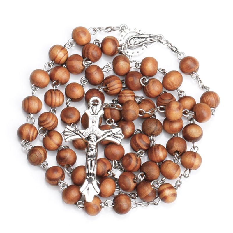 Handmade Round Bead Catholic Rosary Cross Religious Wood Beads Necklace